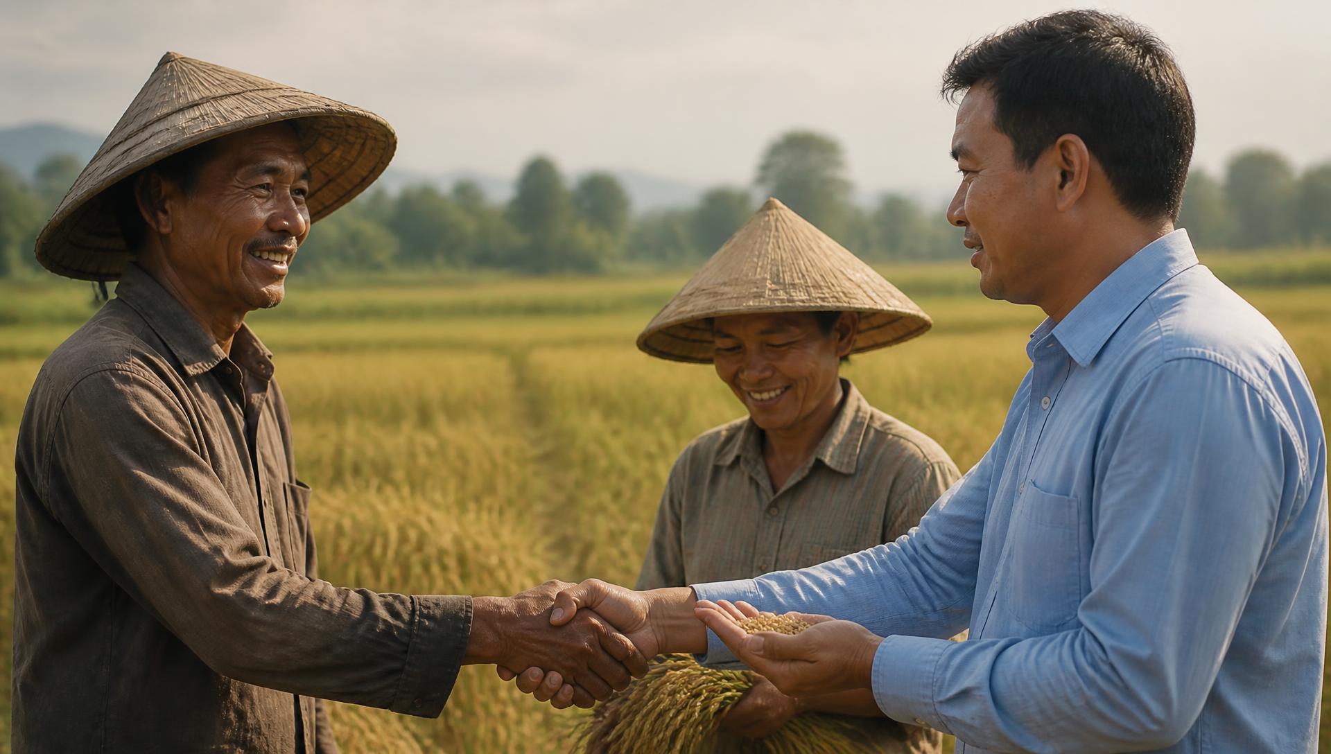 Farmers and an agricultural buyer inspecting freshly harvested grain in a field
